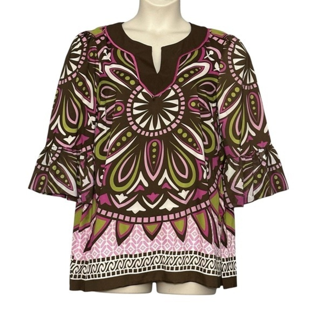 Retro 90s Womens Top XL Brown Colorful Boho Medallion Bell Tunic Mod Hippie Boho